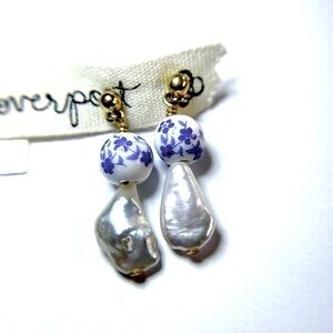 NWT Anthropologie Freshwater Pearl Earrings w/ Blue & White Porcelain Beads
